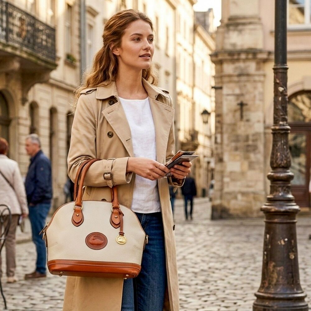 VNT Dooney & Bourke All Weather Norfolk Domed Satchel Bone & British Tan